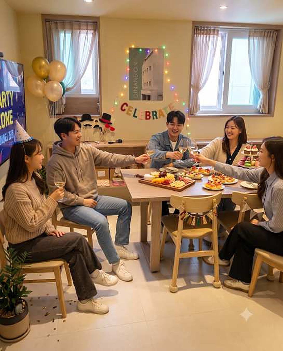 5층에서 파티 데코를 걸고 생일을 축하하는 손님들